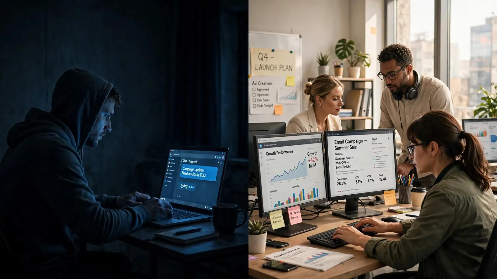 One person chatting with a bot on the left, a full team of specialists working on the right