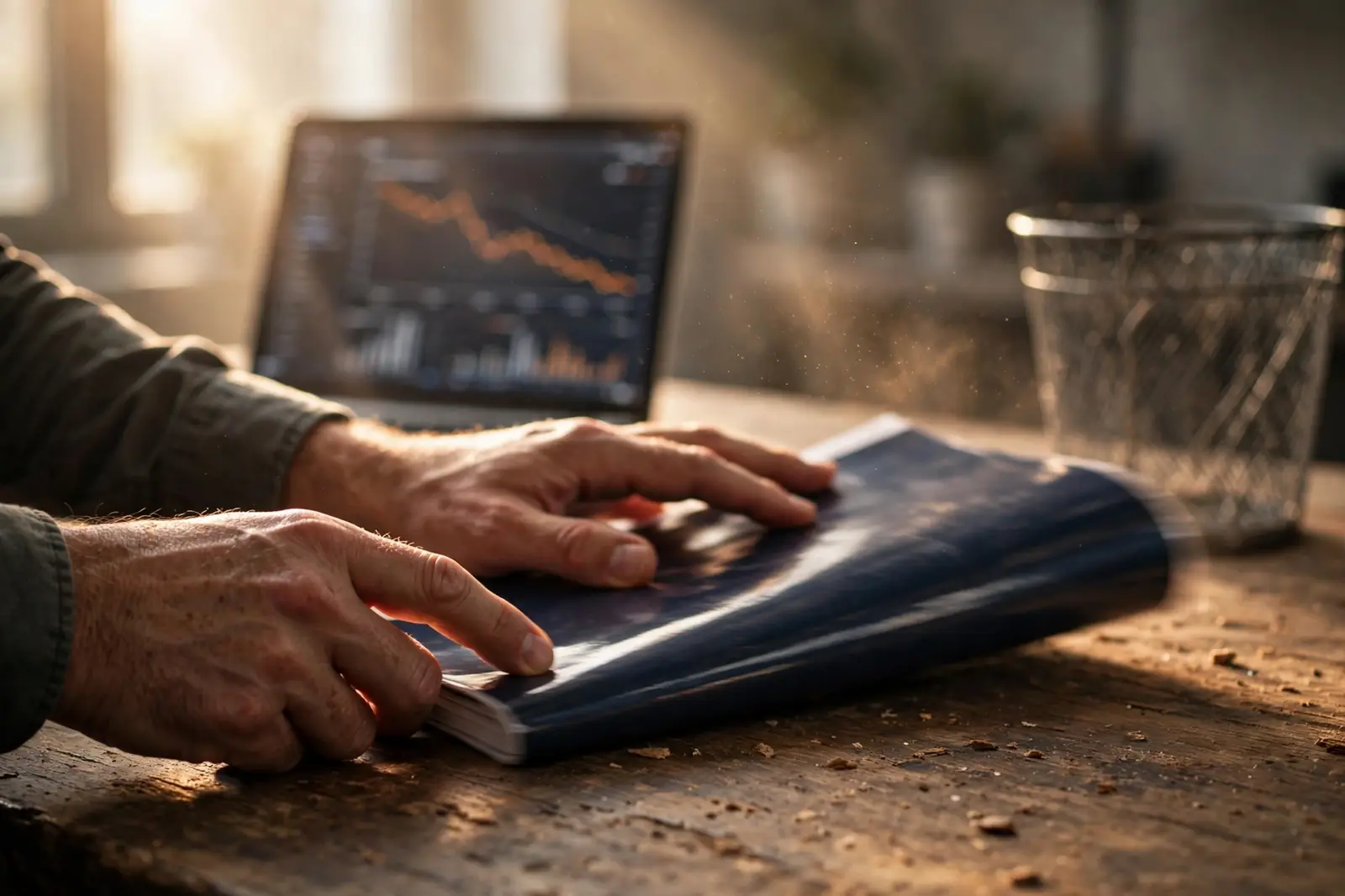 Hands sliding a thick agency report toward a wastebasket beside a declining ad dashboard