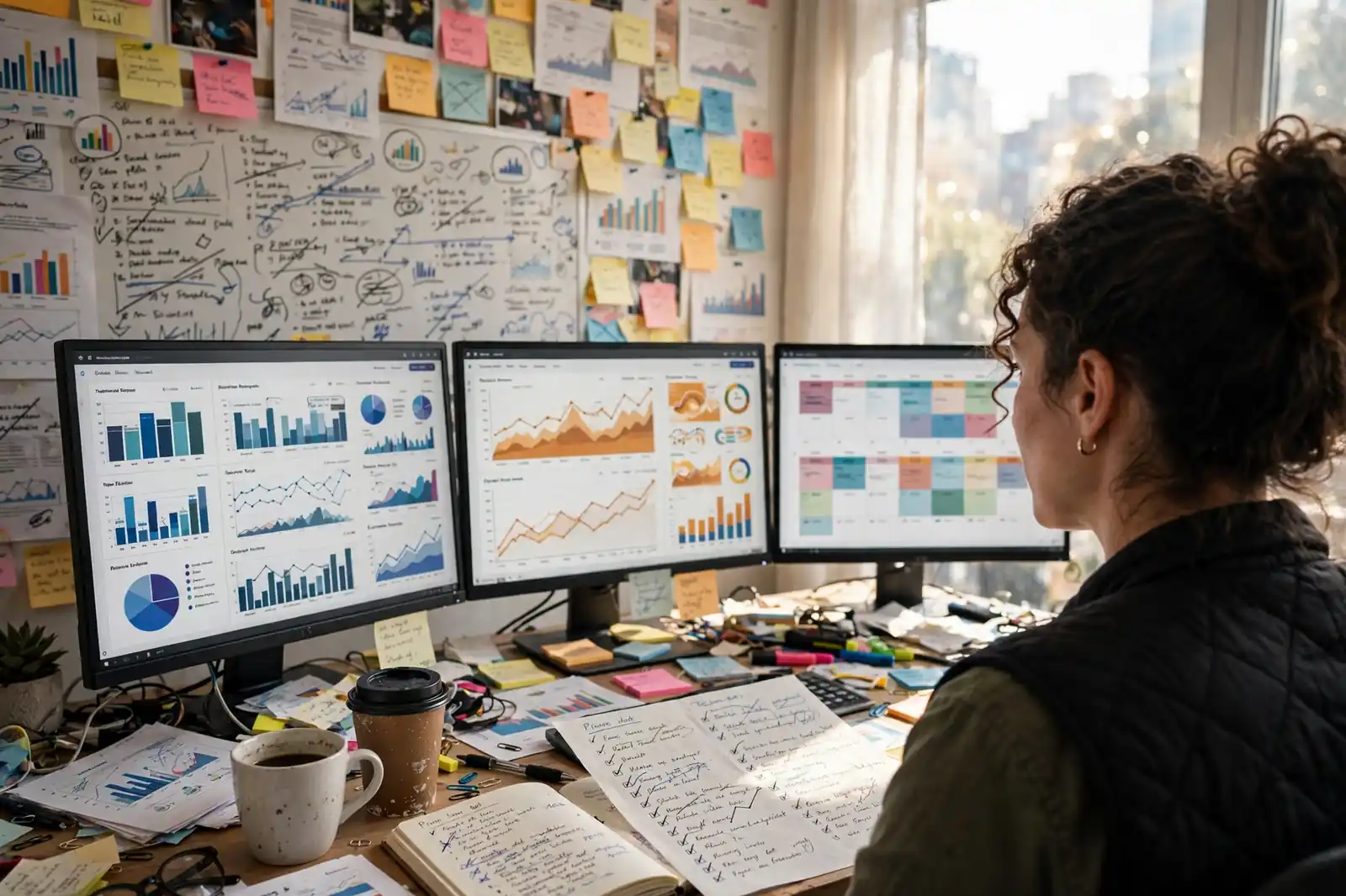 A marketing lead surrounded by dashboards, sticky notes and charts across three monitors