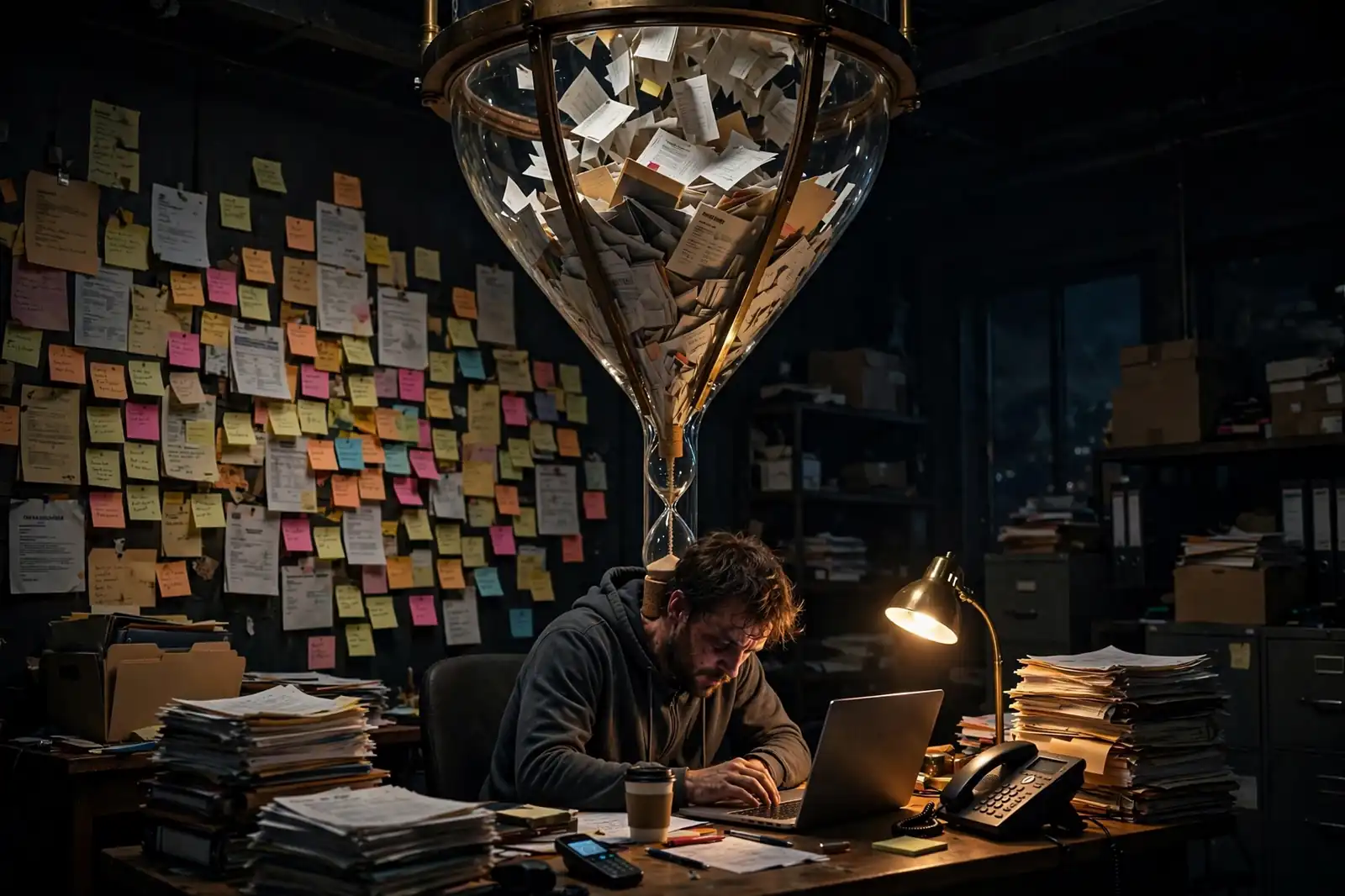 An exhausted founder alone at a desk at night under a giant funnel of pouring paperwork